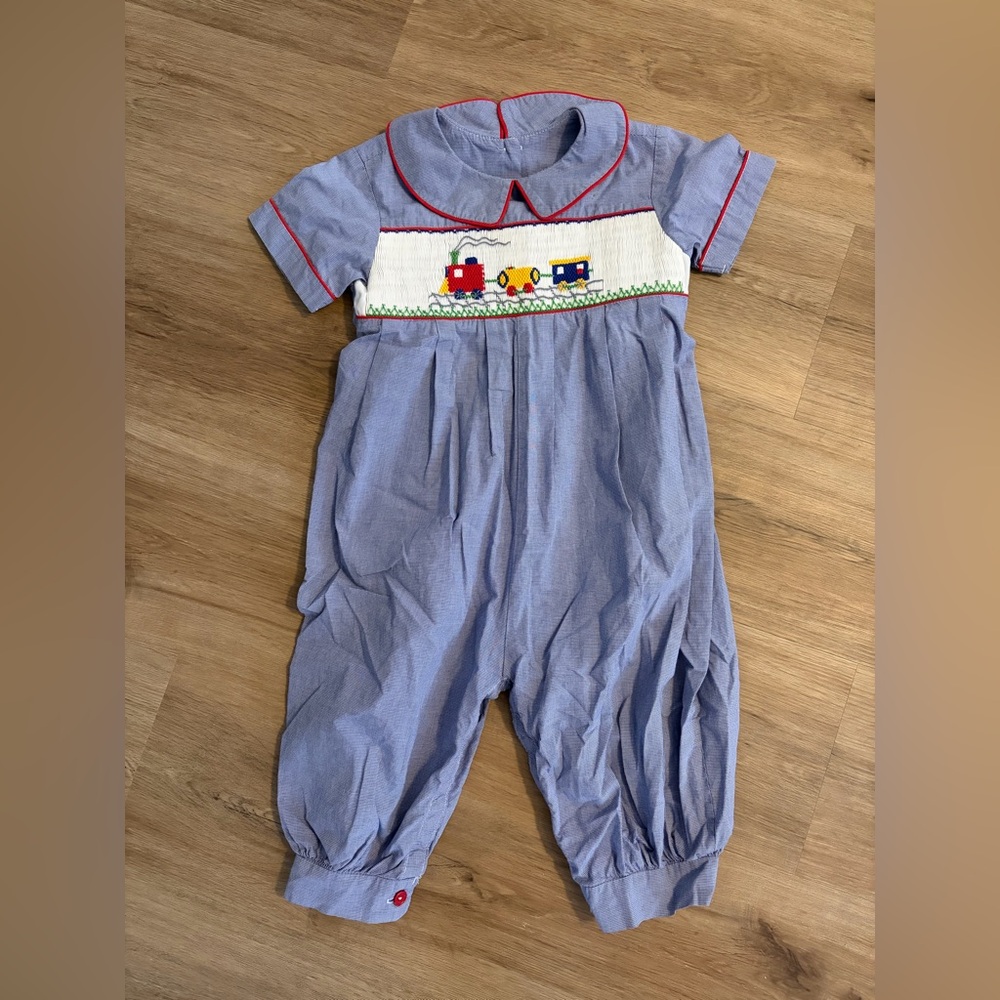 Beaux et Belles Blue Gingham Romper Smocked with Train Embroidery